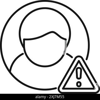 Icône de ligne d'une personne portant un masque de protection avec un panneau d'avertissement, représentant des risques pour la santé Illustration de Vecteur