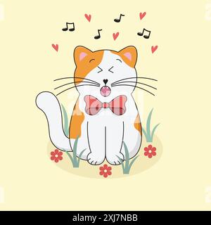 Cute White and Ginger Cat Sings Love Song en mars. Drôle de chaton de dessin animé avec Red Bow Tie assis dans l'herbe. Illustration vectorielle de la saison du printemps. Illustration de Vecteur