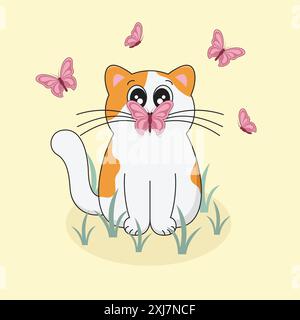 Cute White and Ginger Cat Watches The Flying Butterflies en mai. Drôle de dessin animé Kitten avec Big Eyes. Illustration vectorielle de la saison du printemps. Illustration de Vecteur
