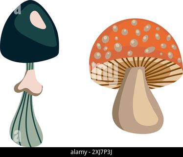 Illustration du festival des récoltes. Illustration vectorielle de champignons fantastiques. Thanksgiving et Harvest Day ensemble d'objets dans un style plat. Ensemble de stylisé Illustration de Vecteur