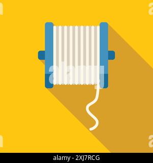 Ficelle blanche s'enroulant autour de la bobine bleue avec une longue ombre sur fond jaune, dans un style de design plat Illustration de Vecteur
