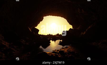 Un coucher de soleil lumineux et doré brille à travers l'ouverture d'une grotte marine, illuminant l'intérieur sombre et se reflétant sur l'eau calme. rendu 3d. Banque D'Images