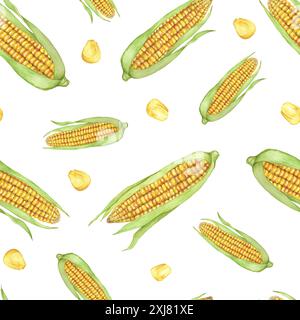 Modèle sans couture de maïs jaune et de graines, textile d'automne, fond d'épis dorés. Conception d'impression botanique d'aquarelle de maïs doux pour les vêtements, papier peint, papier d'emballage, scrapbooking, emballage alimentaire, Thanksgiving Banque D'Images