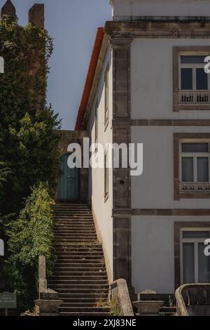 Il y a des escaliers qui montent à un bâtiment avec une porte verte Banque D'Images