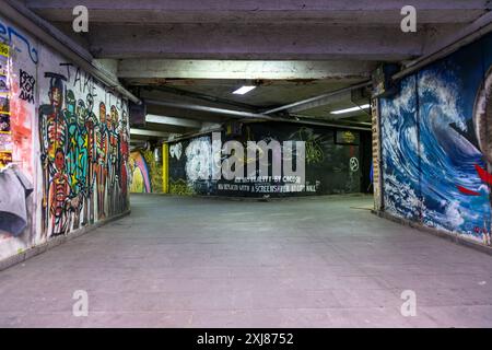 Tbilissi, Géorgie - 24 JUIN 2024 : art de rue sur les murs d'un tunnel piétonnier souterrain à Tbilissi, la capitale de la Géorgie. Banque D'Images