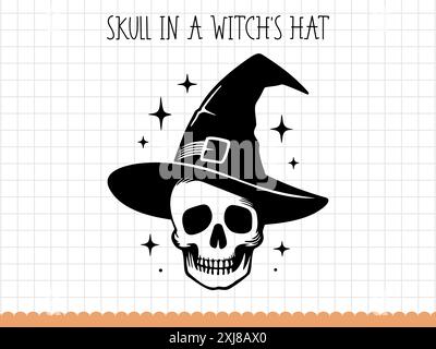 Crâne dessiné à la main dans le chapeau de sorcières, illustartion vectorielle d'Halloween. Illustration de Vecteur