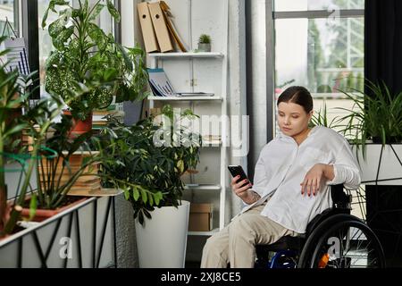 Une jeune femme d'affaires handicapée est assise dans un fauteuil roulant et utilise son téléphone dans un bureau moderne. Banque D'Images