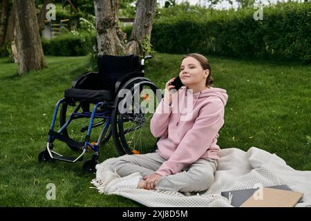 Une jeune femme dans un sweat à capuche rose est assise sur une couverture dans un parc, son fauteuil roulant à côté d'elle, tandis qu'elle parle au téléphone. Banque D'Images