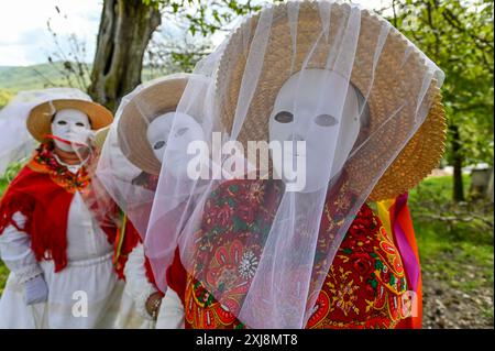 Les Madamitas de Entrimo, originaires de la petite ville d'Entrimo en Galice, font partie intégrante des célébrations Entroido (Carnaval) de la région. Originaires du XVIIIe siècle, ces figures représentent l’élégance et la grâce des femmes locales de cette époque. Vêtues de costumes élaborés et colorés ornés de dentelle, de rubans et de motifs floraux, les Madamitas symbolisent le patrimoine culturel et l’esprit festif d’Entrimo, donnant vie à l’histoire et à la tradition dans cette joyeuse célébration. Banque D'Images