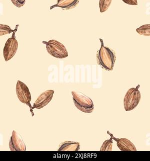 Amandes noix en nutshell motif sans couture aquarelle. Noyau peint à la main. Nourriture végétalienne biologique récolte saine, clipart de fruits à noyaux non pelés isolé Banque D'Images