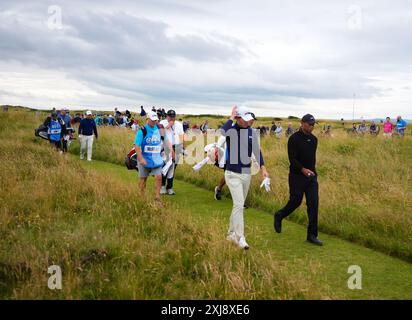 Le Tiger Woods des États-Unis le 15 lors d'une journée d'entraînement avant l'Open à Royal Troon, South Ayrshire, Écosse. Date de la photo : mercredi 17 juillet 2024. Banque D'Images