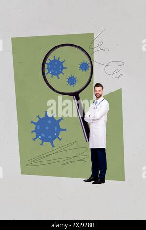 Image de collage vertical souriant beau médecin Investigative Explorer la recherche virus bactéries covid19 agrandir laboratoire de verre Banque D'Images