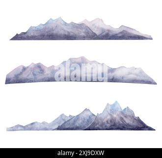 Silhouettes de montagnes à l'aquarelle en jeu d'illustration violet, rose et bleu. Paysage horizontal abstrait brumeux Banque D'Images