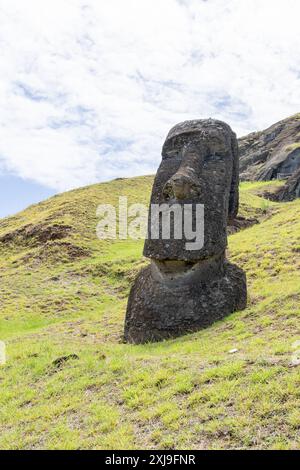 Moai se dirige sur la pente de Rano Raraku sur l'île de Pâques (Rapa Nui), Chili. Raraku est communément connu sous le nom de « Moai Factory ». Banque D'Images