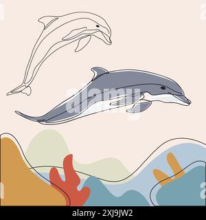 Dauphins ludiques aux couleurs vives, capturés dans un style élégant d'art au trait. Œuvre d'art de la vie marine. Illustration de Vecteur