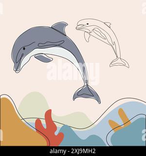 Dauphins ludiques aux couleurs vives, capturés dans un style élégant d'art au trait. Œuvre d'art de la vie marine. Illustration de Vecteur