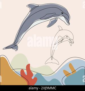 Dauphins ludiques aux couleurs vives, capturés dans un style élégant d'art au trait. Œuvre d'art de la vie marine. Illustration de Vecteur
