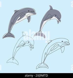Dauphins ludiques aux couleurs vives, capturés dans un style élégant d'art au trait. Œuvre d'art de la vie marine. Illustration de Vecteur