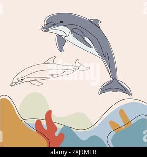 Dauphins ludiques aux couleurs vives, capturés dans un style élégant d'art au trait. Œuvre d'art de la vie marine. Illustration de Vecteur
