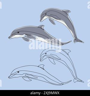 Dauphins ludiques aux couleurs vives, capturés dans un style élégant d'art au trait. Œuvre d'art de la vie marine. Illustration de Vecteur
