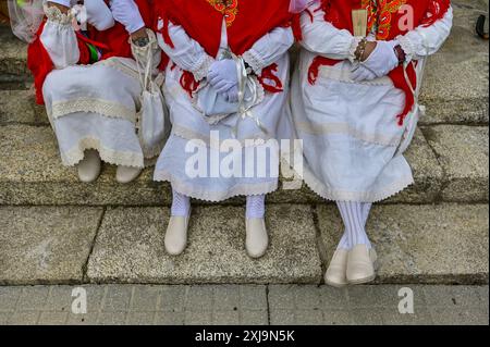 Les Madamitas de Entrimo, originaires de la petite ville d'Entrimo en Galice, font partie intégrante des célébrations Entroido (Carnaval) de la région. Originaires du XVIIIe siècle, ces figures représentent l’élégance et la grâce des femmes locales de cette époque. Vêtues de costumes élaborés et colorés ornés de dentelle, de rubans et de motifs floraux, les Madamitas symbolisent le patrimoine culturel et l’esprit festif d’Entrimo, donnant vie à l’histoire et à la tradition dans cette joyeuse célébration. Banque D'Images