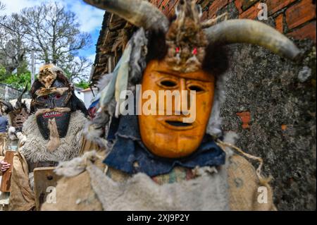 Dans la célébration Toros y Guirrios de Velilla de la Reina, León, Espagne, un père et sa fille portent fièrement la tenue saisissante de Zamarrón. Leurs masques élaborés, leurs couleurs vives et leurs rubans fluides soulignent l'esprit festif et le profond patrimoine culturel de la région. Cette belle scène illustre l’importance de transmettre les traditions aux générations futures, faisant de la célébration un spectacle captivant. Banque D'Images