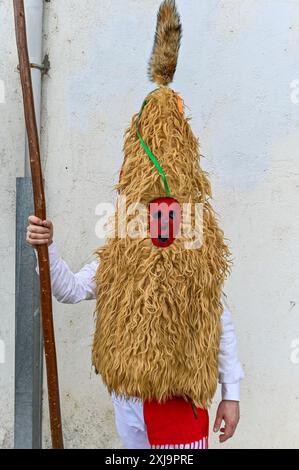 Un Sidro, un masque traditionnel de Valdesoto dans les Asturies, en Espagne, prend vie pendant le festival Mazcaraes d'Iviernu. Brandissant un long poteau, le Sidro utilise cet outil symbolique pour interagir avec la foule et chasser les mauvais esprits, incarnant le riche folklore et le patrimoine culturel au cœur des célébrations hivernales. Banque D'Images