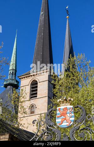 Europe, Luxembourg, Luxembourg, Cathédrale notre-Dame montrant les trois picots emblématiques (détail) Banque D'Images