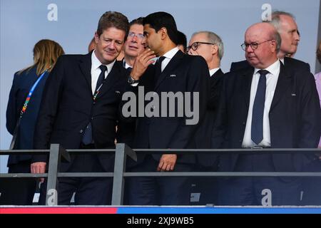 Berlin, Allemagne. 14 juillet 2024. Le président du PSG du Paris Saint-Germain, Nasser Al-Khelaifi, lors de la finale de l'UEFA Euro 2024 entre l'Espagne et l'Angleterre, a joué à l'Olympiastadion le 14 juillet 2024 à Berlin, en Allemagne. (Photo de Bagu Blanco/PRESSINPHOTO) crédit : AGENCE SPORTIVE PRESSINPHOTO/Alamy Live News Banque D'Images