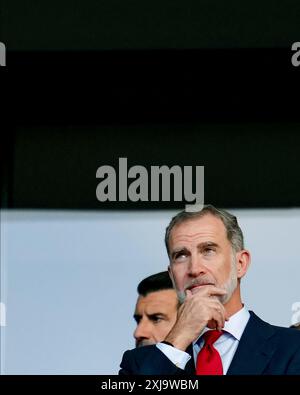 Berlin, Allemagne. 14 juillet 2024. Le roi d'Espagne Felipe VI de Borbon lors du match de l'UEFA Euro 2024 entre l'Espagne et l'Angleterre, finale, a joué à l'Olympiastadion le 14 juillet 2024 à Berlin, en Allemagne. (Photo de Bagu Blanco/PRESSINPHOTO) crédit : AGENCE SPORTIVE PRESSINPHOTO/Alamy Live News Banque D'Images