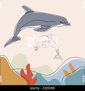 Dauphins ludiques aux couleurs vives, capturés dans un style élégant d'art au trait. Œuvre d'art de la vie marine. Illustration de Vecteur