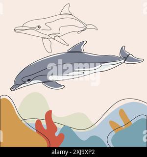 Dauphins ludiques aux couleurs vives, capturés dans un style élégant d'art au trait. Œuvre d'art de la vie marine. Illustration de Vecteur