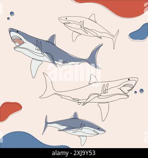 Dauphins ludiques aux couleurs vives, capturés dans un style élégant d'art au trait. Œuvre d'art de la vie marine. Illustration de Vecteur