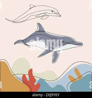 Dauphins ludiques aux couleurs vives, capturés dans un style élégant d'art au trait. Œuvre d'art de la vie marine. Illustration de Vecteur