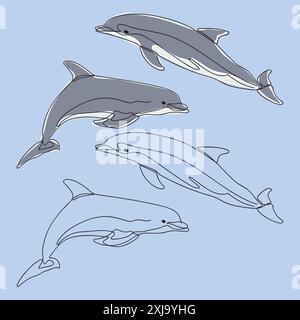 Dauphins ludiques aux couleurs vives, capturés dans un style élégant d'art au trait. Œuvre d'art de la vie marine. Illustration de Vecteur
