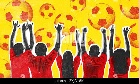 Affiche. Collage d'art contemporain. Vue arrière d'un groupe de passionnés de football en T-shirts rouges levant les mains contre le fond avec des ballons de football Banque D'Images