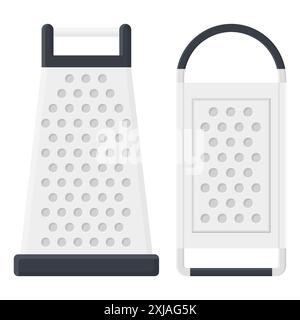 Ustensiles de cuisine râpe Design. Râpe à main en métal. Fruits râpés et fromage. Illustration de Vecteur