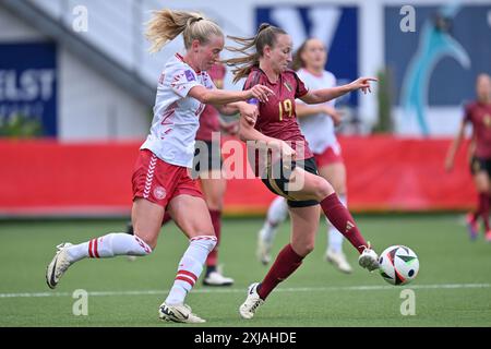 Daio Wasabi Stayen Stadium Amalie Vangsgaard (9), du Danemark, défendant sur Sari Kees (19), de Belgique, lors d'un match de football entre les équipes nationales féminines de Belgique, appelé les Red Flames et le Danemark pour la cinquième journée du Groupe A2 dans la phase de championnat des qualifications européennes féminines de l'UEFA 2023-24, le vendredi 12 juillet 2024 à Sint-Truiden , Belgique . Photo SPP | David Catry (David Catry / SPP) Banque D'Images