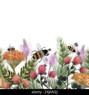 Belle illustration aquarelle mettant en vedette des abeilles volant parmi des fleurs sauvages colorées dans un cadre naturel. Banque D'Images