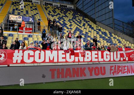 Sint Truiden, Belgique. 12 juillet 2024. Les fans du stade Daio Wasabi Stayen et les supporters du Danemark célèbrent après avoir remporté un match de football entre les équipes nationales féminines de Belgique, appelées les Red Flames et du Danemark, lors de la cinquième journée du groupe A2 dans la phase de championnat de la compétition des qualifications européennes féminines de l'UEFA 2023-24, le vendredi 12 juillet 2024 à Sint-Truiden, Belgique . Photo SPP | David Catry (David Catry/SPP) crédit : SPP Sport Press photo. /Alamy Live News Banque D'Images