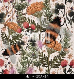 Motif artistique vintage avec des abeilles, des fleurs colorées, feuillage en toile de fond naturelle, crée une ambiance nostalgique vibrante Banque D'Images