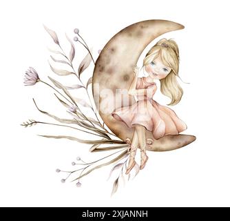 Blonde jeune fille ballerine dans une robe rose et chaussons se trouve sur la lune. Illustration dessinée à la main isolée sur fond blanc. Lune beige tachetée et Banque D'Images