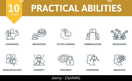 Jeu d'icônes de ligne mince de capacités pratiques. Confiance, imagination, apprentissage actif, communication, négociation, résolution de problèmes, curiosité, ouverture d'esprit Illustration de Vecteur