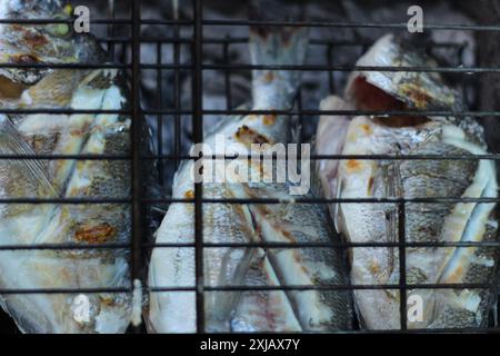 Cuisson du poisson en plein air. Cuisson et rôtissage du poisson sur barbecue. Poisson grillé sur charbon de bois. Idée de concept d'heure d'été et d'alimentation saine. Vue de dessus. Banque D'Images