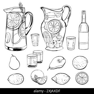Rafraîchissements d'été avec fruits et baies. Illustration de sangria et d'eau de framboise et citron. Ensemble d'illustration de boisson de contour de vecteur noir isolé Illustration de Vecteur