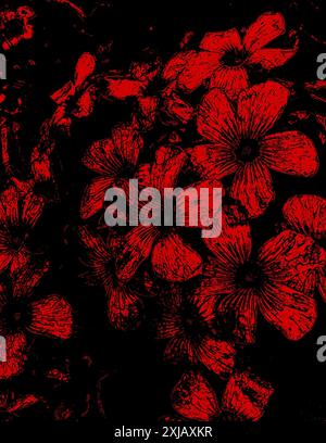 Impression d'art, pétales de fleurs rouges, têtes de fleurs, ensemble sur fond noir, couvertures de livre de costume, éditorial de magazine. Concept amour, obsession, vie mort Banque D'Images