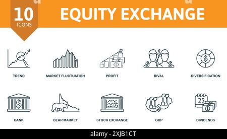 Jeu d'icônes de ligne fine Equity Exchange. Tendance, fluctuation du marché, profit, rival, diversification, Banque, Bear Market, Bourse, PIB, icônes de dividendes Illustration de Vecteur