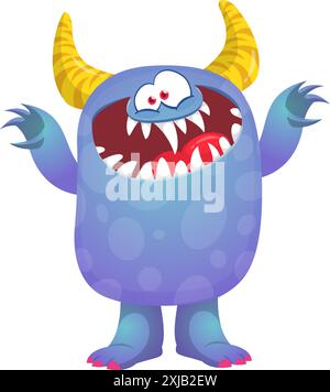 Joyeux monstre de dessin animé agitant les mains. Illustration vectorielle d'Halloween. Idéal pour la décoration de paquet ou de fête. Illustration de Vecteur