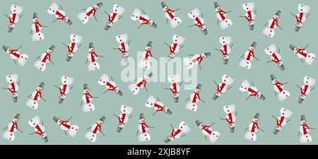 Motif minimaliste en papier d'emballage cadeau. Noël, thème d'hiver. Un bonhomme de neige avec une écharpe tricotée rouge, un seau sur la tête, un nez de carotte Banque D'Images