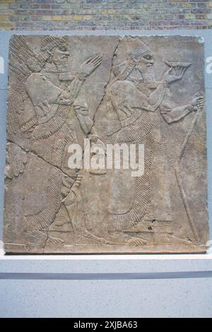 Relief mural assyrien du roi Ashurnasirpal II et d'un génie ailé ou génie (883-859 av. J.-C.). Musée de Pergame, Berlin, Allemagne Banque D'Images